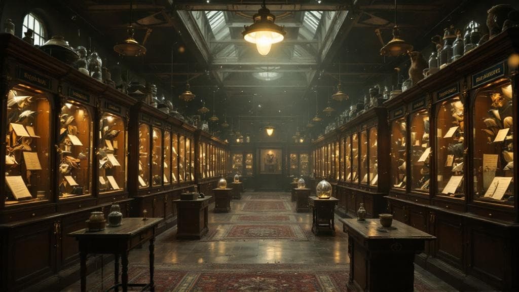 A hall of Victorian taxidermy domes stretching into shadow