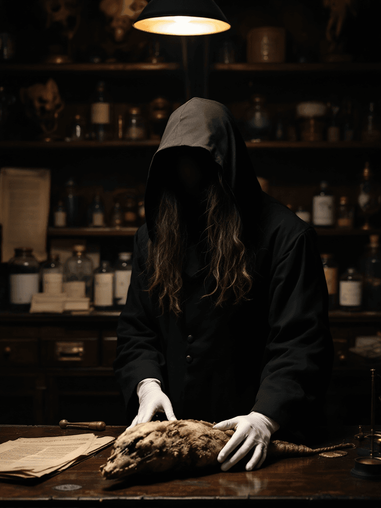The embalmer at her workbench, face obscured, gloves gleaming