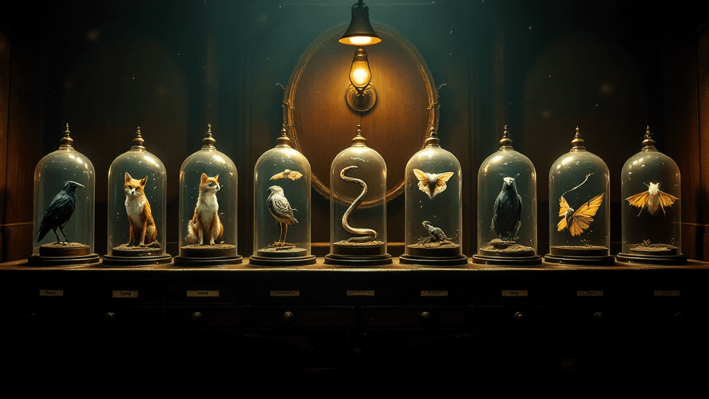 Row of bell-shaped glass domes fading into Victorian shadow